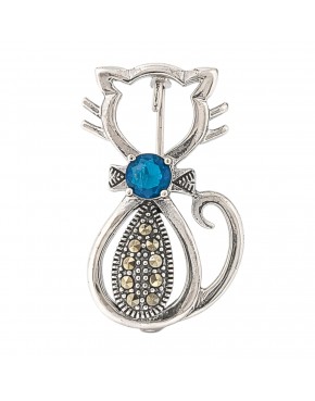 broszka srebrna kot z markazytami i niebieskim kamieniem