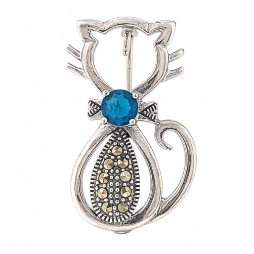 broszka srebrna kot z markazytami i niebieskim kamieniem