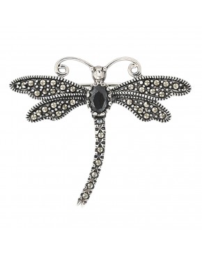 broszka srebrna ważka z markazytami i ciemną cyrkonią