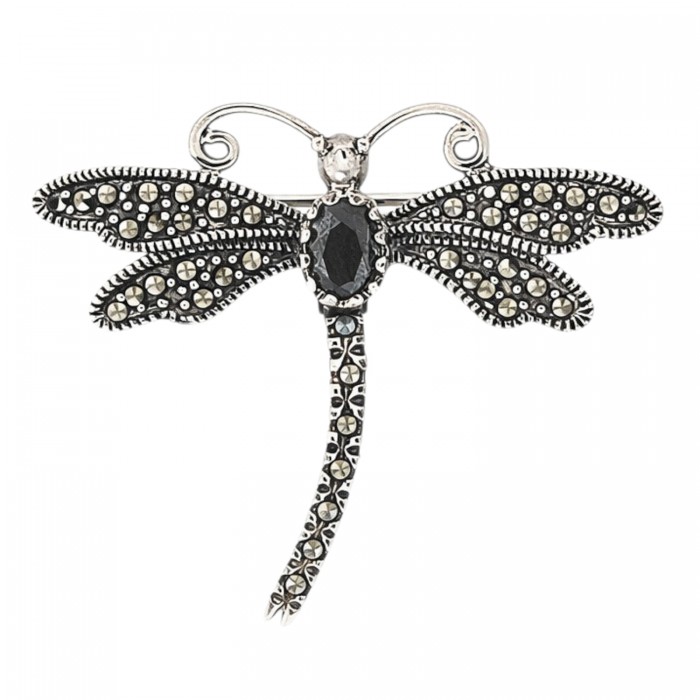 broszka srebrna ważka z markazytami i ciemną cyrkonią