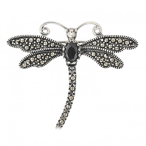 broszka srebrna ważka z markazytami i ciemną cyrkonią