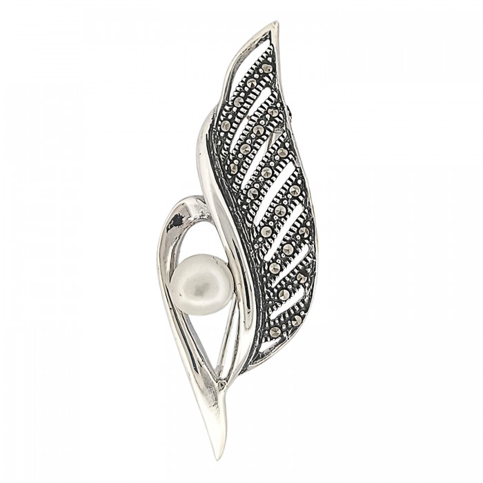 broszka srebrna liść z markazytami i perełką