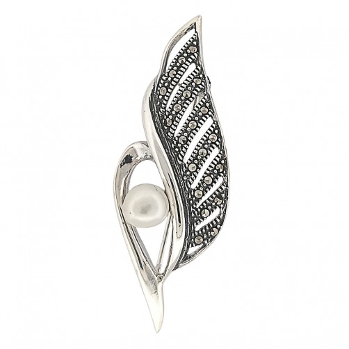 broszka srebrna liść z markazytami i perełką