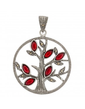srebrny wisiorek drzewo życia markazyty czerwone kamienie