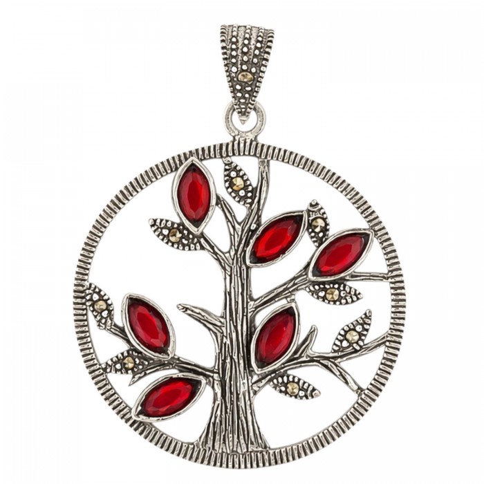 srebrny wisiorek drzewo życia markazyty czerwone kamienie