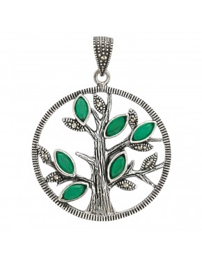 srebrny wisiorek drzewo życia markazyty zielone kamienie