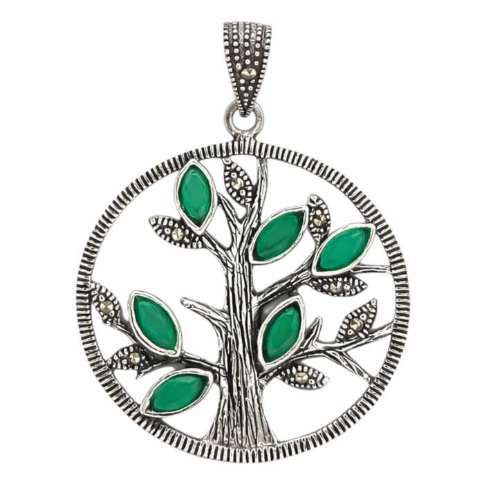 srebrny wisiorek drzewo życia markazyty zielone kamienie