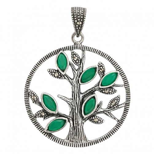 srebrny wisiorek drzewo życia markazyty zielone kamienie
