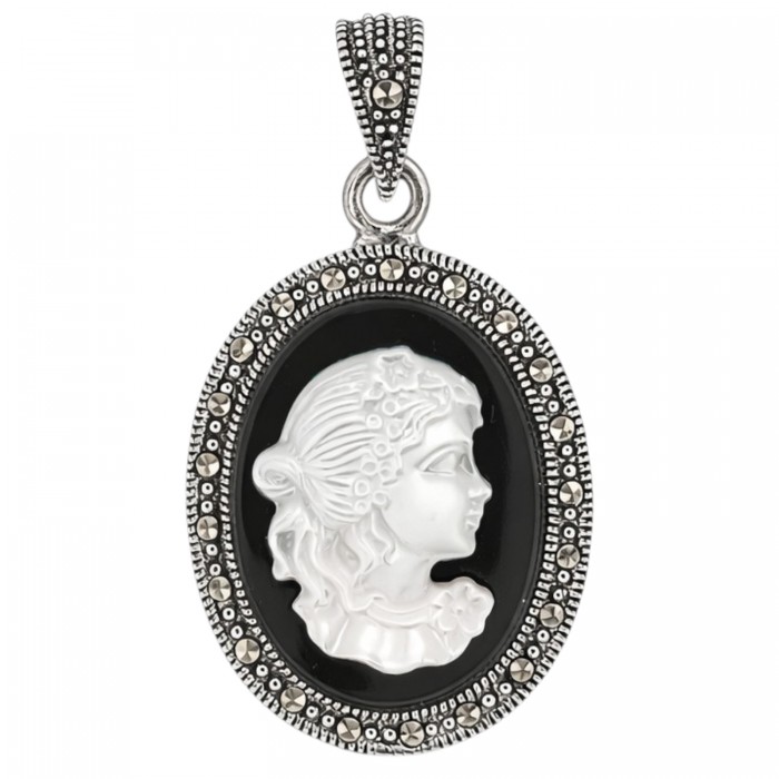 srebrny wisiorek kamea z markazytami i onyksem