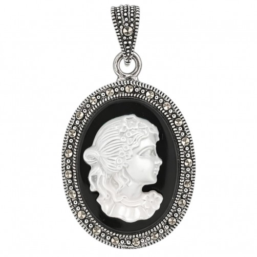 srebrny wisiorek kamea z markazytami i onyksem