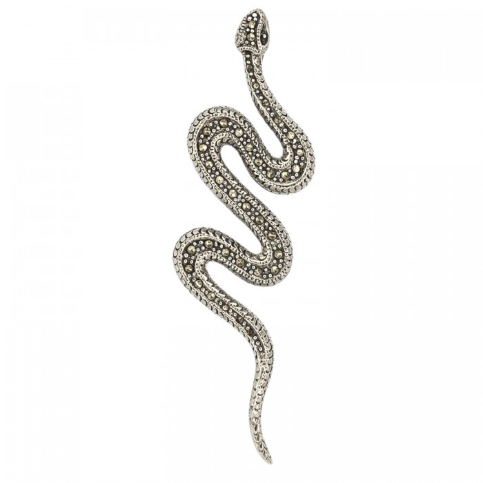srebrny wisiorek wąż z markazytami długi motyw węża