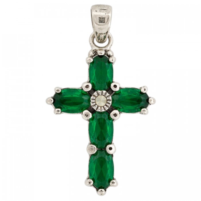 srebrny wisiorek krzyżyk z zielonymi cyrkoniami