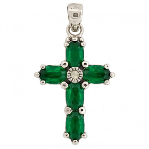 srebrny wisiorek krzyżyk z zielonymi cyrkoniami