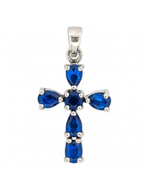 srebrny wisiorek krzyżyk z niebieskimi cyrkoniami