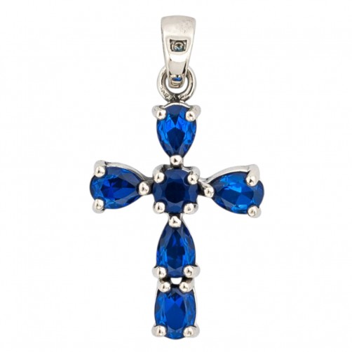 srebrny wisiorek krzyżyk z niebieskimi cyrkoniami