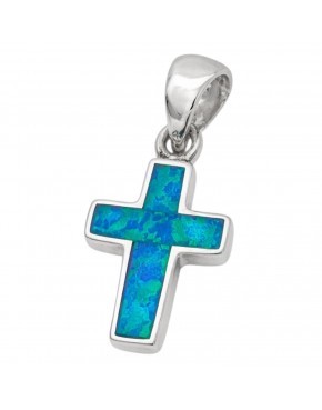 srebrny krzyżyk z niebieskim opalem