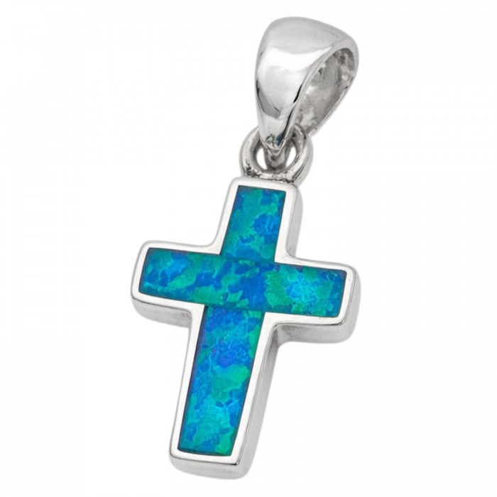 srebrny krzyżyk z niebieskim opalem