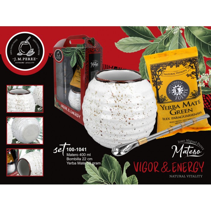 Zestaw do Yerby - Naczynie Ceramiczne (kremowe) + bombilla + Yerba Mate Green 50g 100-1041