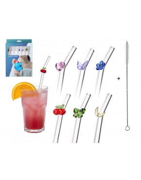 Kpl. 6 szklanych słomek z ozdobną dekoracją i czyścikiem. 100-0621