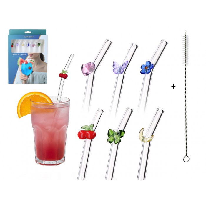 Kpl. 6 szklanych słomek z ozdobną dekoracją i czyścikiem. 100-0621