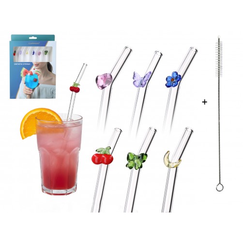 Kpl. 6 szklanych słomek z ozdobną dekoracją i czyścikiem. 100-0621