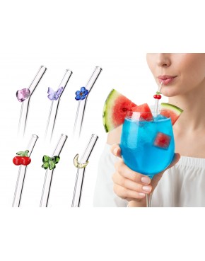 Kpl. 6 szklanych słomek z ozdobną dekoracją i czyścikiem. 100-0621