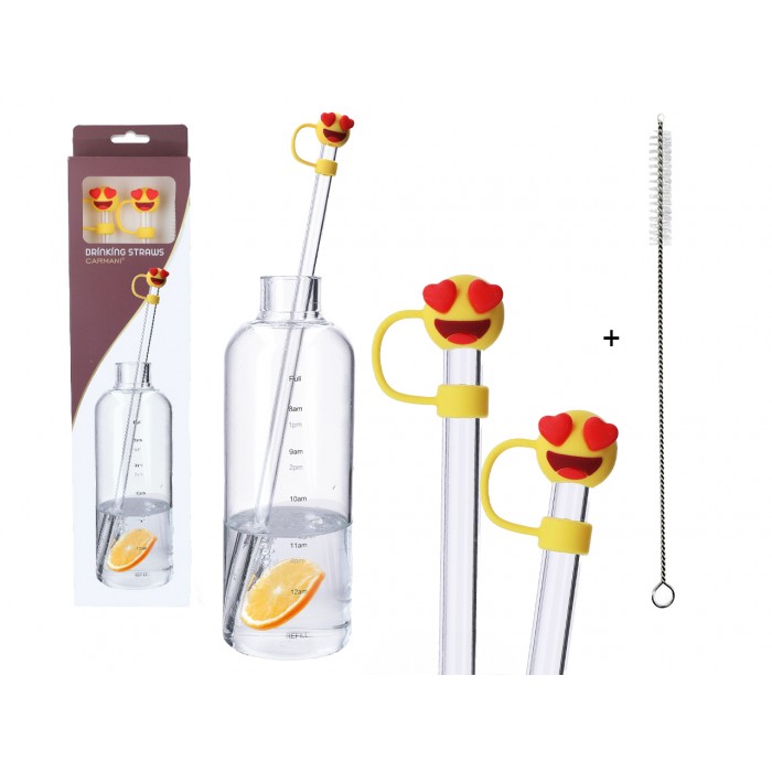 Kpl. 2 szklanych słomek z silikonowymi końcówkami i czyścikiem. 100-0601