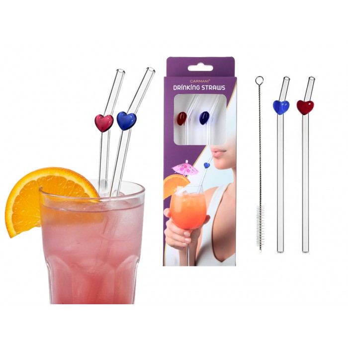 Kpl. 2 szklanych słomek z ozdobną dekoracją i czyścikiem. 100-0600