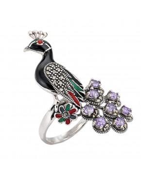 Pierścionek srebrny 925 paw z markazytami, cyrkoniami i emalią