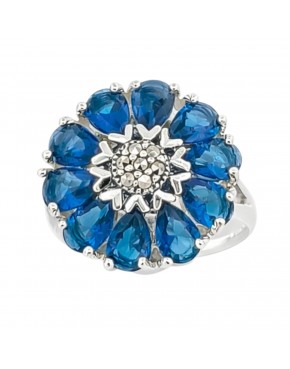 Pierścionek srebrny 925 z markazytami i niebieską cyrkonią