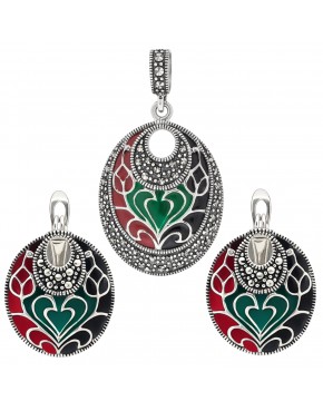 Komplet srebrny 925 markazyty i emalia kolczyki angielskie + wisiorek