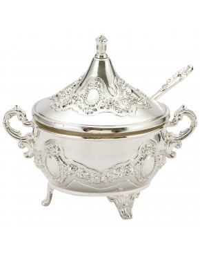 cukiernica posrebrzana z wkładem szklanym i łyżeczką otwarta