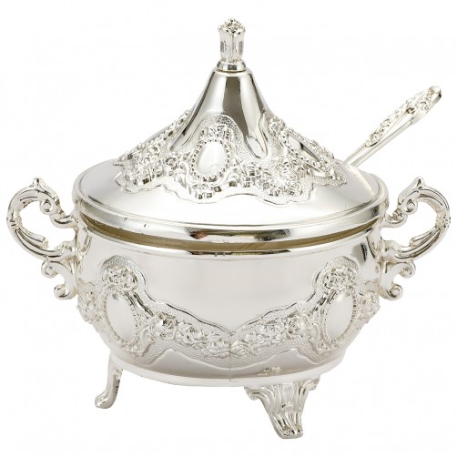 cukiernica posrebrzana z wkładem szklanym i łyżeczką otwarta