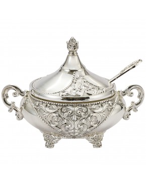 cukiernica posrebrzana z wkładem szklanym i łyżeczką otwarta