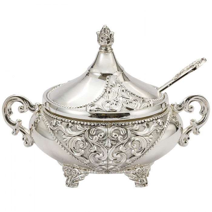 cukiernica posrebrzana z wkładem szklanym i łyżeczką otwarta