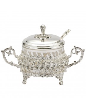 cukiernica posrebrzana z wkładem szklanym i łyżeczką elegancka