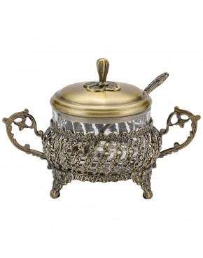 cukiernica mosiądzowana z wkładem szklanym i łyżeczką złota