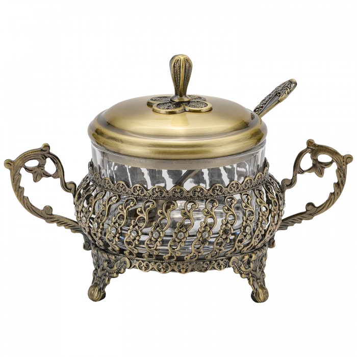 cukiernica mosiądzowana z wkładem szklanym i łyżeczką złota