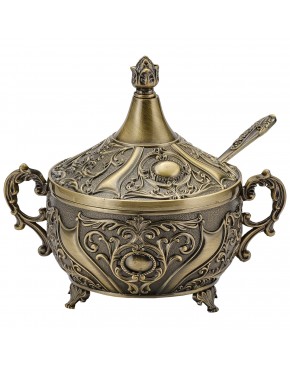 Cukiernica mosiądzowana bogato zdobiona z pokrywką i łyżeczką