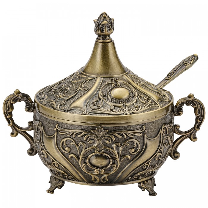 Cukiernica mosiądzowana bogato zdobiona z pokrywką i łyżeczką