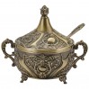 Cukiernica mosiądzowana bogato zdobiona z pokrywką i łyżeczką