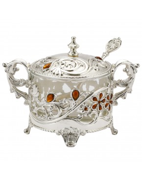 cukiernica posrebrzana zdobiona bursztynowe kamienie elegancka