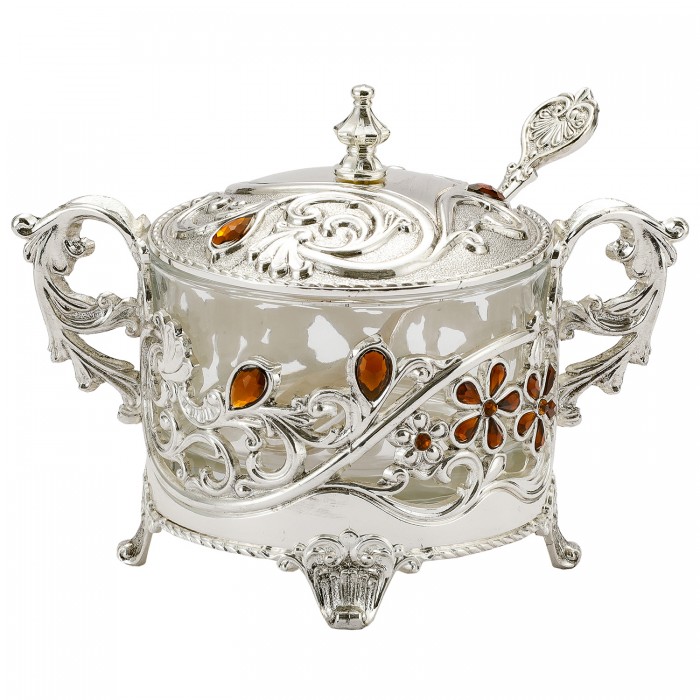 cukiernica posrebrzana zdobiona bursztynowe kamienie elegancka