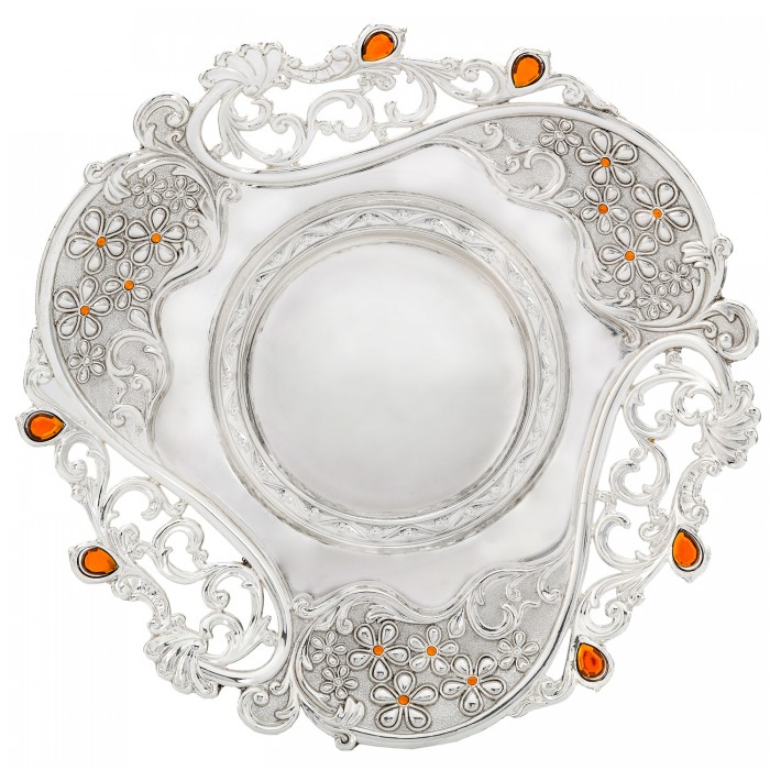 patera posrebrzana zdobiona szkiełkami koniakowymi dekoracyjna