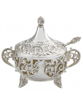 cukiernica posrebrzana z łyżeczką ażurowa elegancka z pokrywką