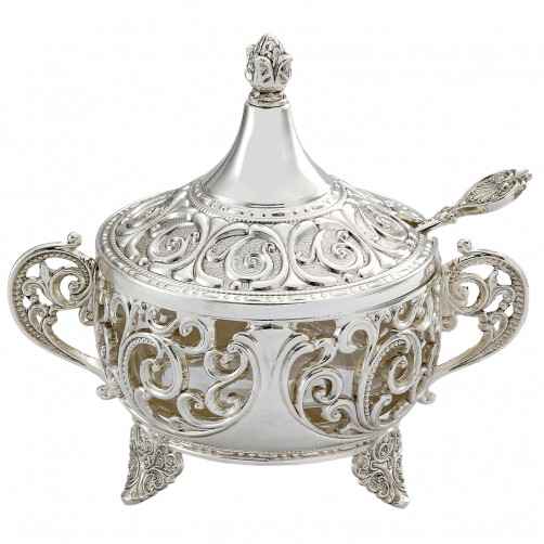 cukiernica posrebrzana z łyżeczką ażurowa elegancka z pokrywką