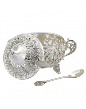 Cukiernica posrebrzana z łyżeczką elegancka ażurowa
