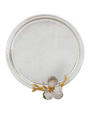Taca posrebrzana okrągła z pozłacanym motywem kwiatowym elegancka