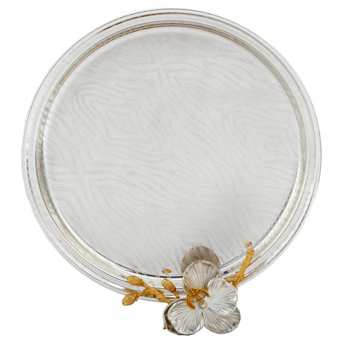 Taca posrebrzana okrągła z pozłacanym motywem kwiatowym elegancka