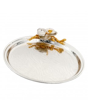 Taca posrebrzana okrągła z pozłacanym motywem kwiatowym elegancka